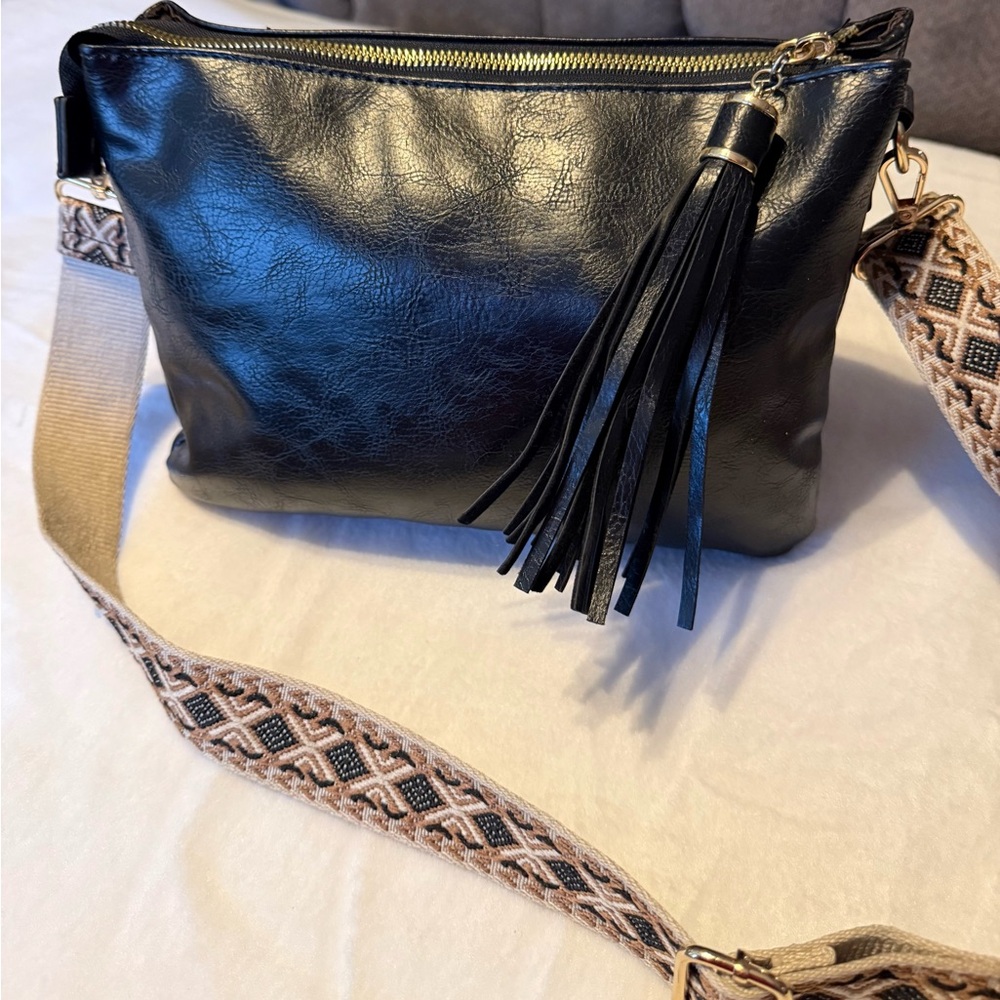 Black Faux Leather Crossbody Bag with Adjustable Strap